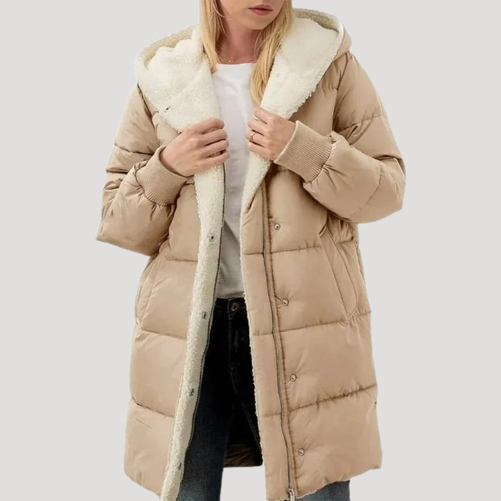 Drune | Damen langer Puffermantel – mit Kunstfell gefütterte Winterjacke