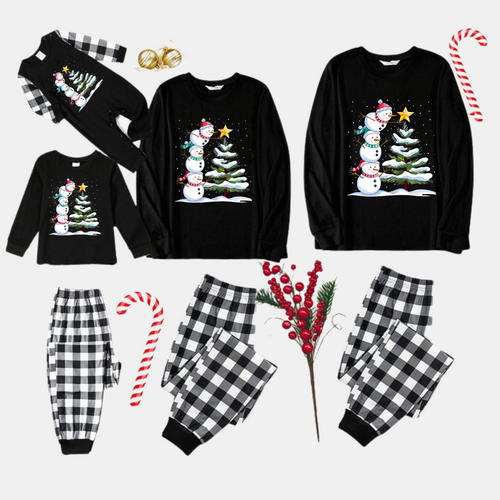 Drune | Schwarz-weiß kariertes Weihnachts-Pyjama-Set mit Schneemann- und Weihnachtsbaumdruck