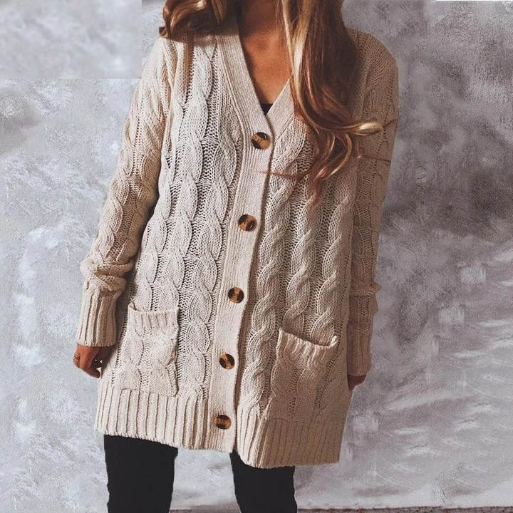 Drune | Wollstrickjacke Damen Mit Zopfmuster Und Holzknöpfen, Lockere