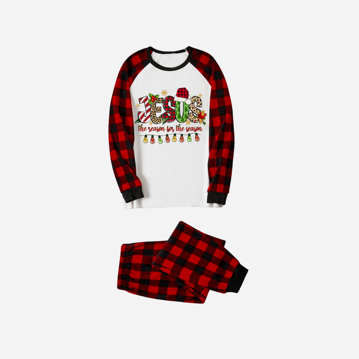 Drune | Jesus der Grund für die Saison Familie Weihnachts-Pyjama-Set - Weißes Oberteil mit roten karierten Ärmeln und Hose