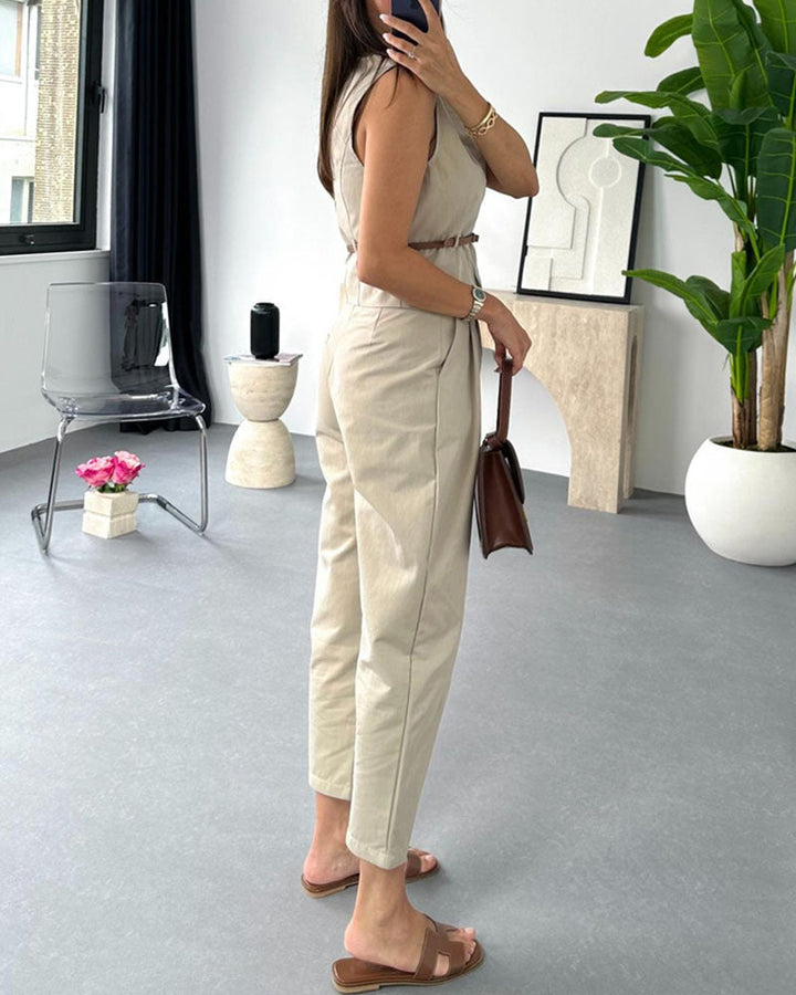 Drune | Ärmelloser Jumpsuit mit Reißverschluss und Gürtel Sandfarben Schick und Bequem