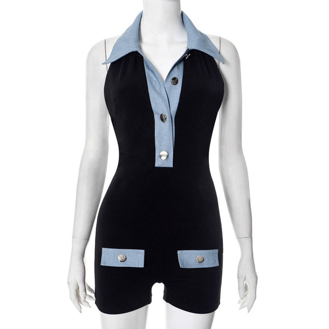 Drune | Polokragen Denim kontrastierenden Jumpsuit Shorts