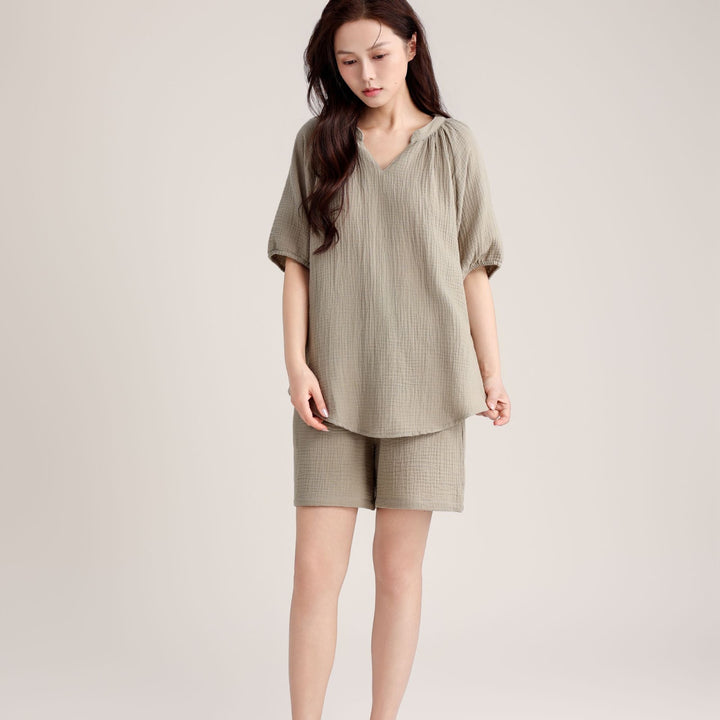 Damen-Pyjama-Set, Doppelschicht-Gaze, V-Ausschnitt