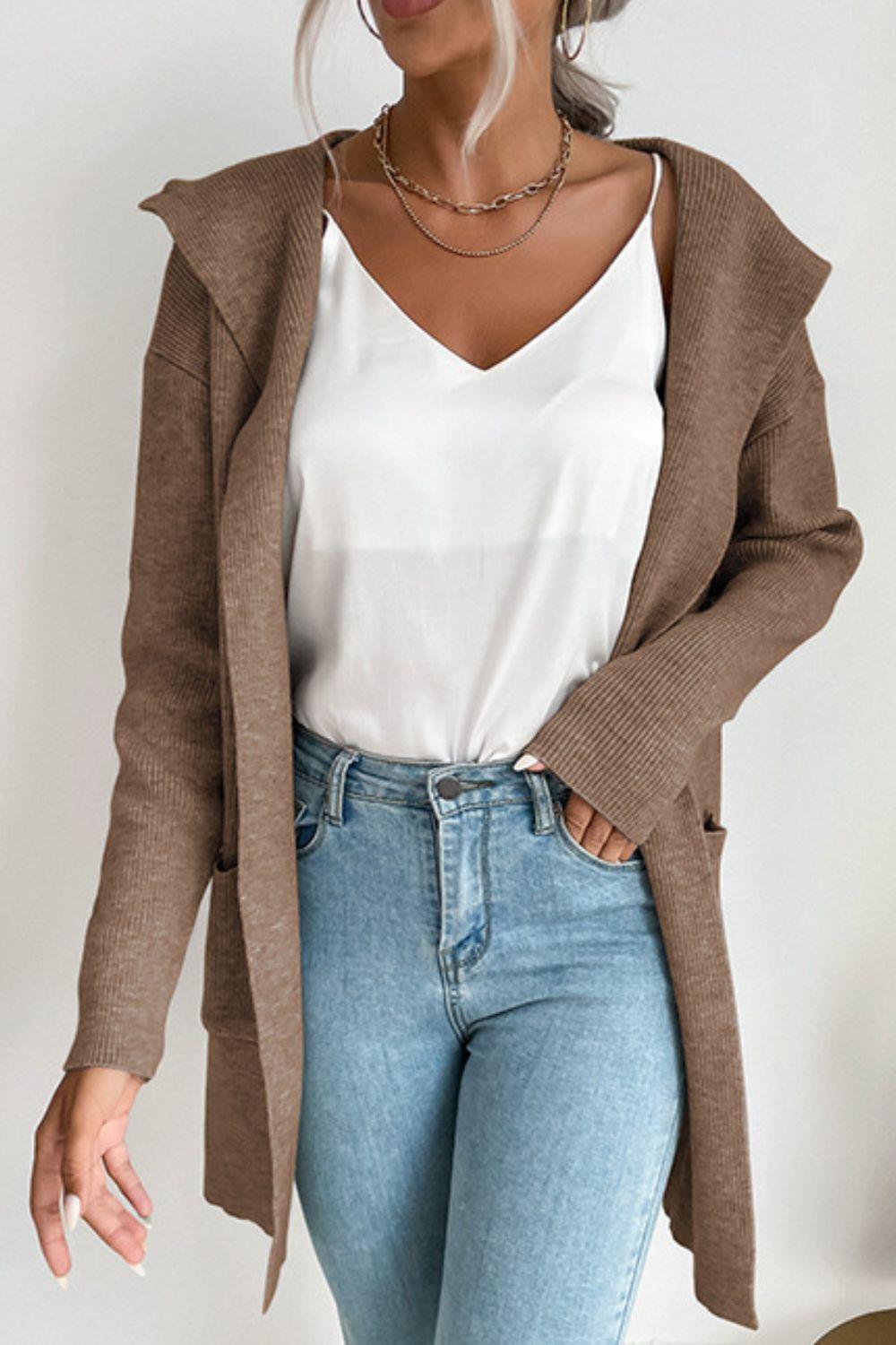Drune | geripptes offen-front Cardigan mit Kapuze und Taschen