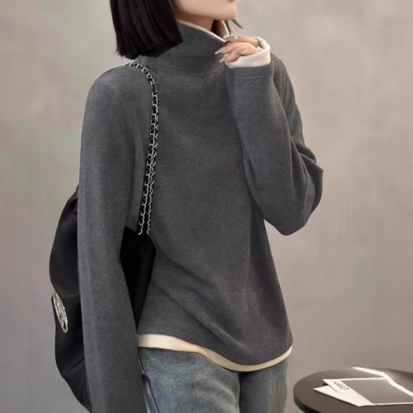 Damen-Langarmshirt mit Stehkragen und Fake-Layer-Optik