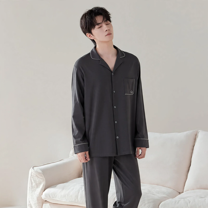 Lyocell-Baumwoll-Schlafanzug, Unisex, V-Ausschnitt