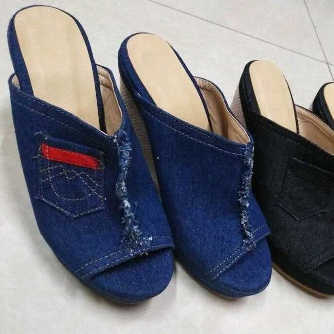 Damen Wedge-Pantoletten aus Denim mit modischem Fransen-Design Drune