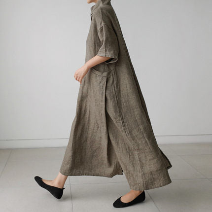 Damen Luftiges Maxikleid in Leinenoptik mit Seitentaschen Drune