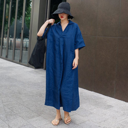 Damen Luftiges Maxikleid in Leinenoptik mit Seitentaschen Drune
