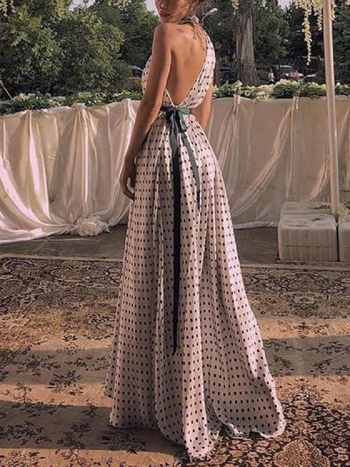 Damen elegantes Maxikleid mit tiefem Rückenausschnitt und Taillengürtel Drune