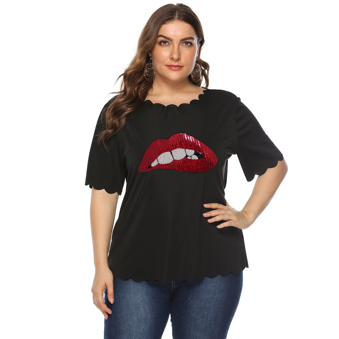 Damen modisches T-Shirt mit glänzendem Lippenmotiv Drune