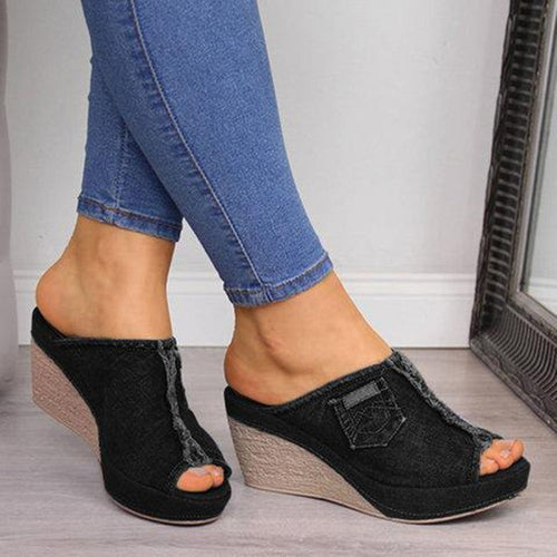 Damen Wedge-Pantoletten aus Denim mit modischem Fransen-Design Drune