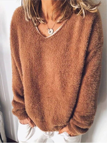 Drune - V-Ausschnitt Kuscheliger Plüsch-Pullover