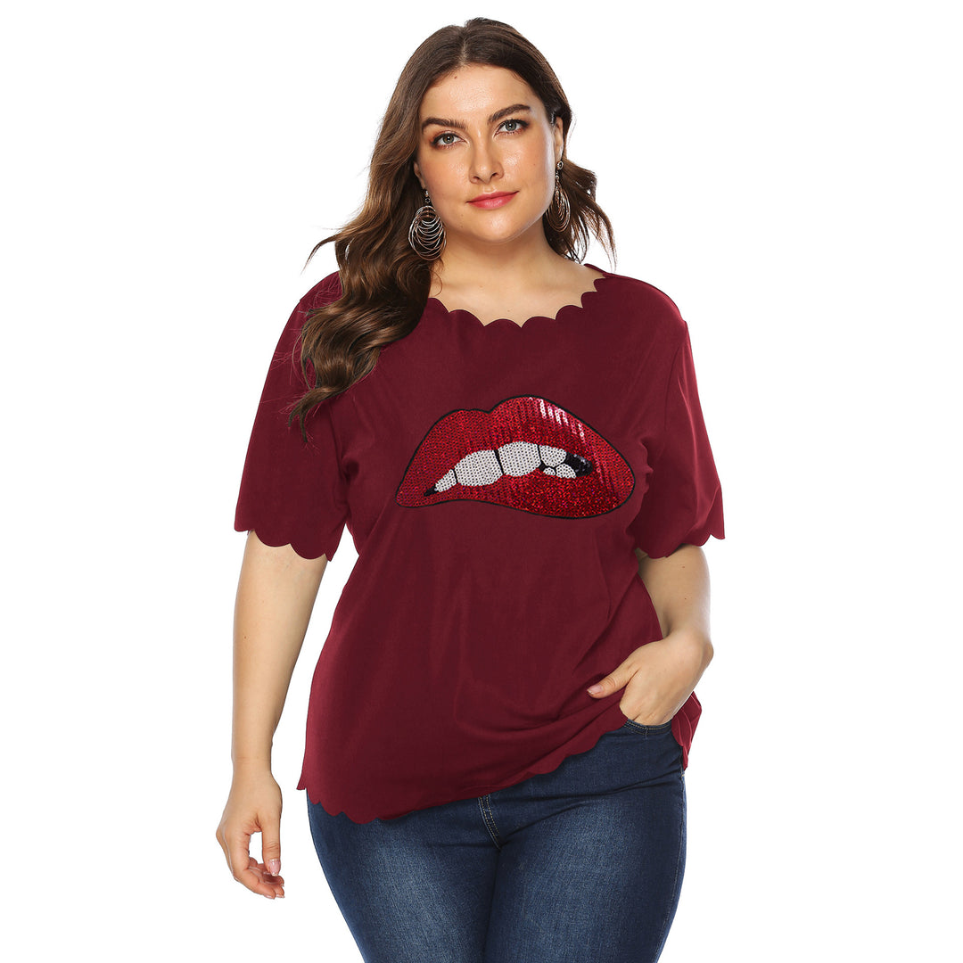 Damen modisches T-Shirt mit glänzendem Lippenmotiv Drune
