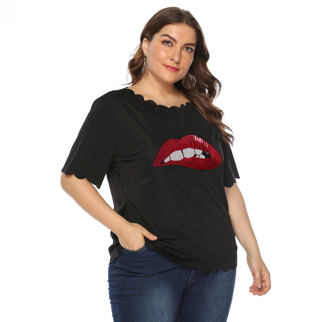 Damen modisches T-Shirt mit glänzendem Lippenmotiv Drune