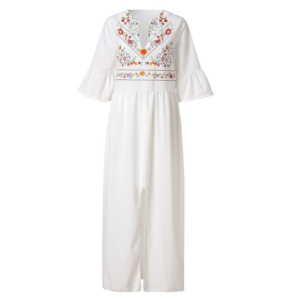 Damen Besticktes Maxikleid mit Trompetenärmeln, Taillennaht und Frontschlitz Drune