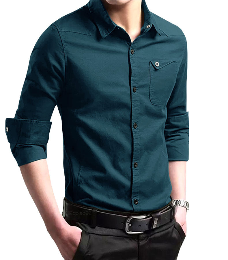 Herren Slim‑Fit Baumwollhemd mit krempelbaren Ärmeln und Brusttasche Drune