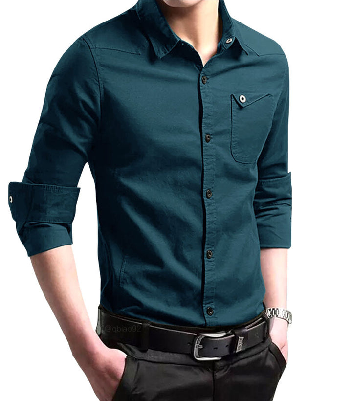 Herren Slim‑Fit Baumwollhemd mit krempelbaren Ärmeln und Brusttasche Drune