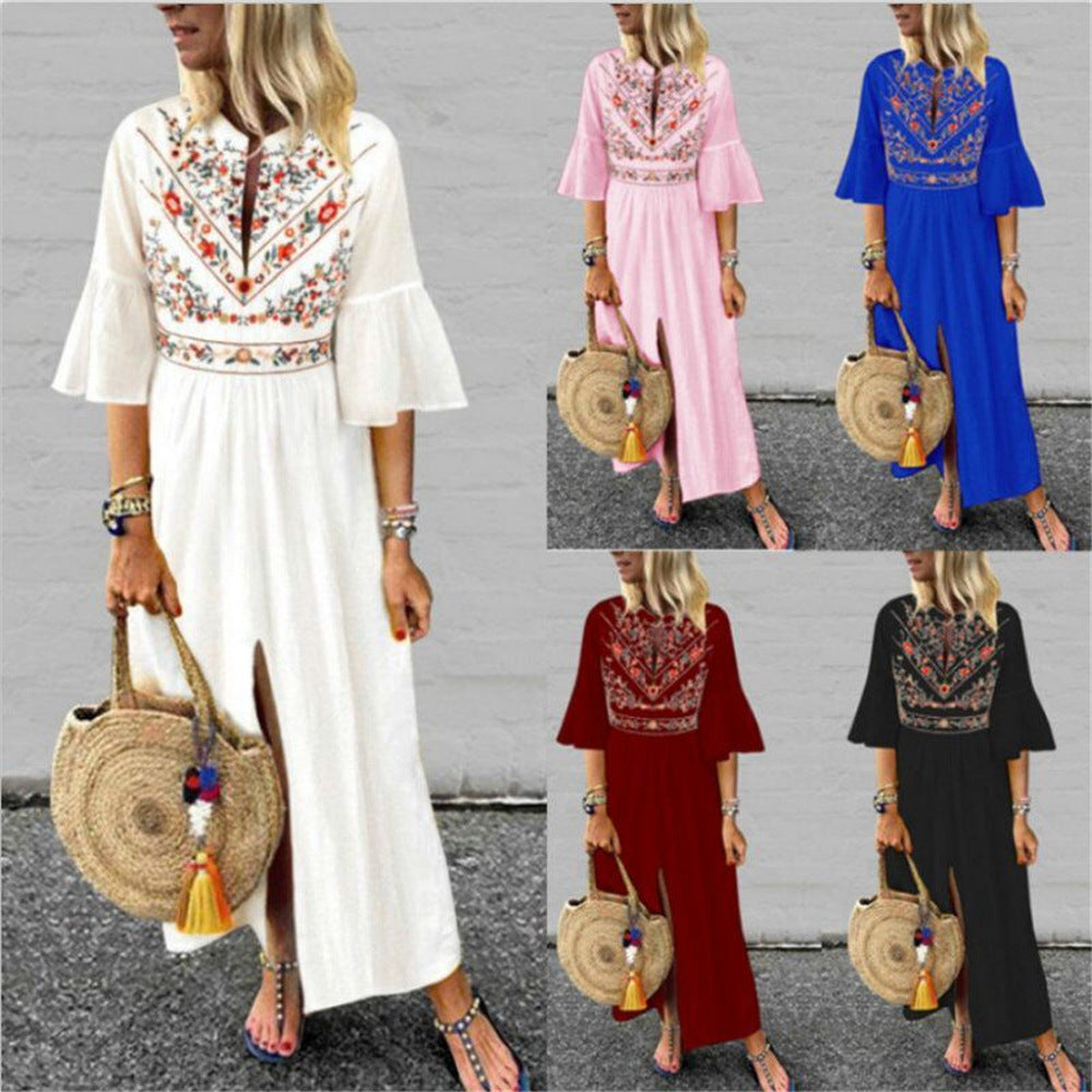 Damen Besticktes Maxikleid mit Trompetenärmeln, Taillennaht und Frontschlitz Drune