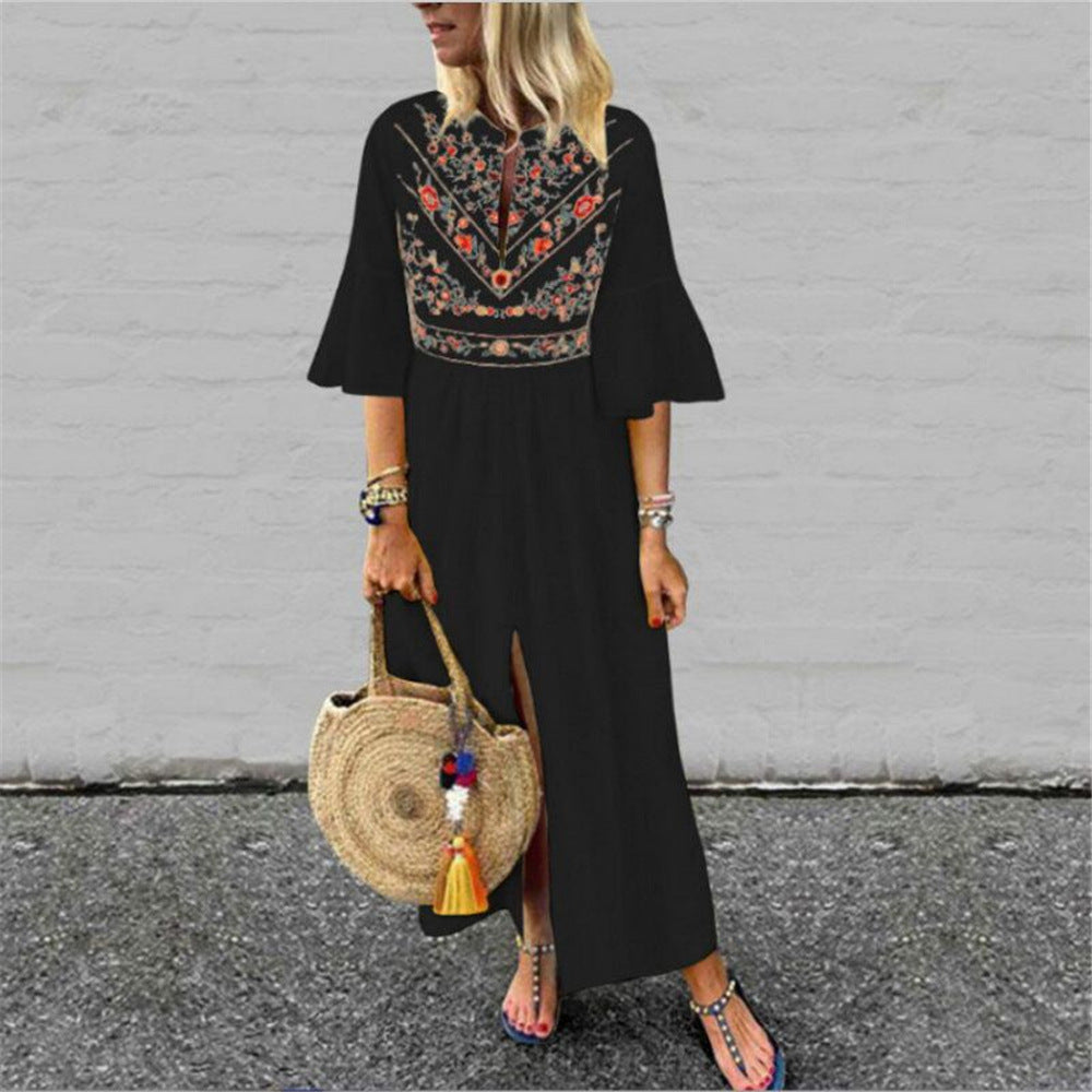 Damen Besticktes Maxikleid mit Trompetenärmeln, Taillennaht und Frontschlitz Drune