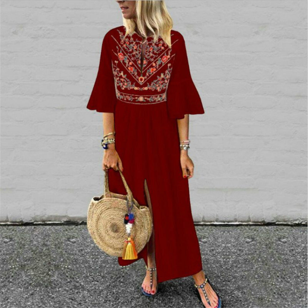 Damen Besticktes Maxikleid mit Trompetenärmeln, Taillennaht und Frontschlitz Drune