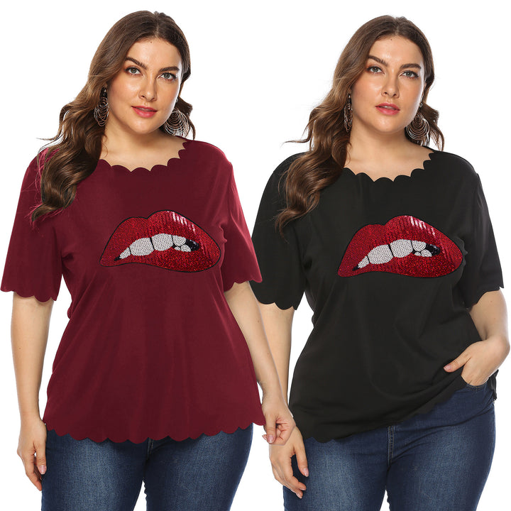 Damen modisches T-Shirt mit glänzendem Lippenmotiv Drune