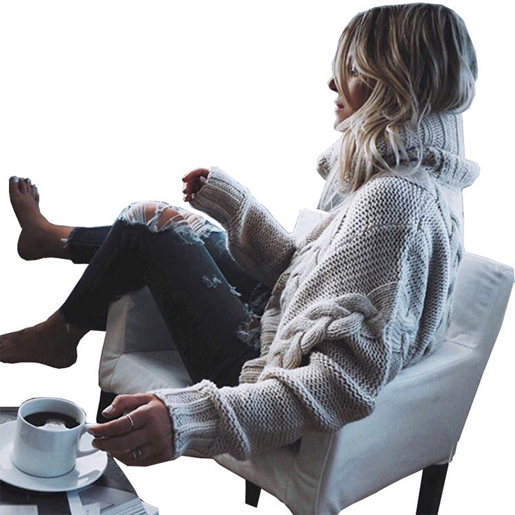 Damen Grobstrickpullover mit hohem Kragen und Zopfmuster Drune