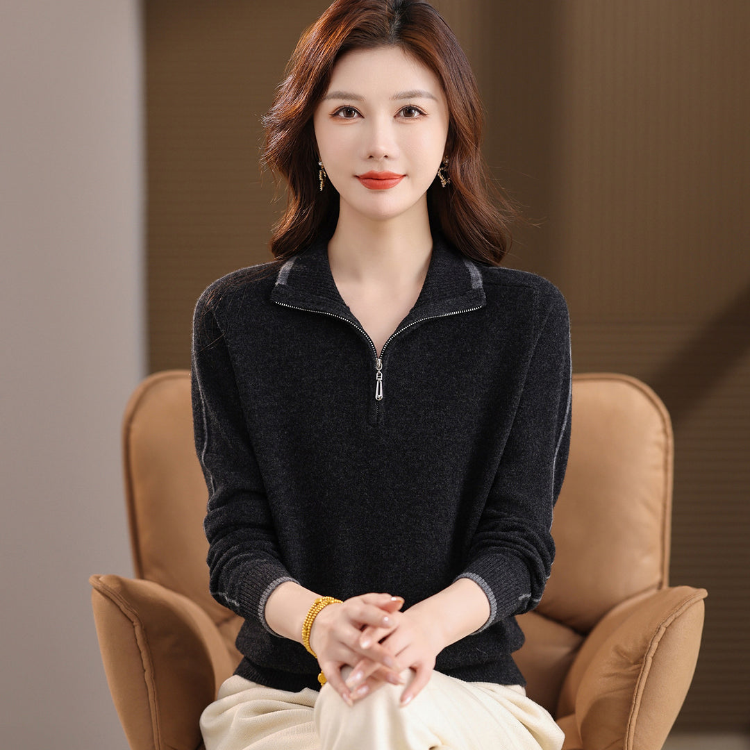 Damen-Polo-Strickpullover mit Reißverschluss