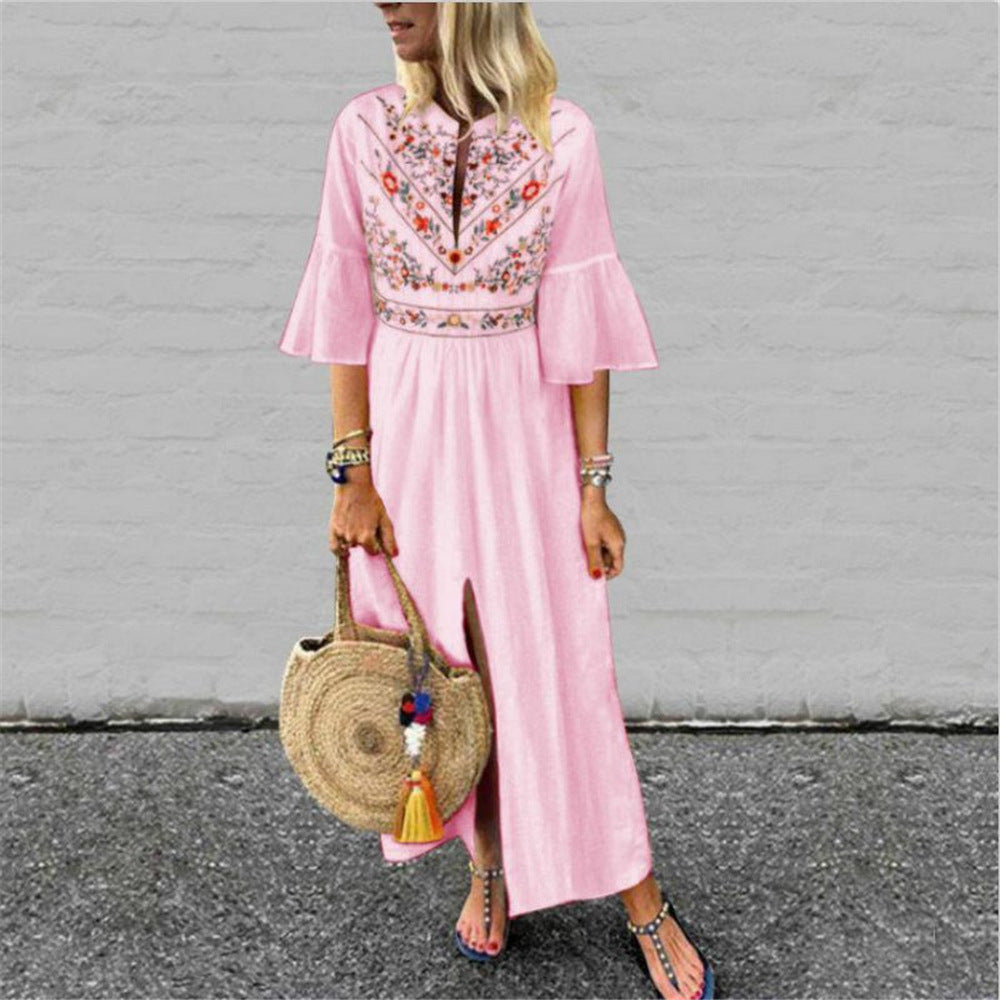 Damen Besticktes Maxikleid mit Trompetenärmeln, Taillennaht und Frontschlitz Drune