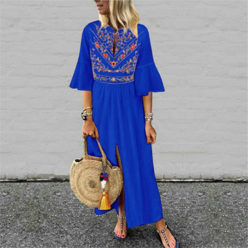 Damen Besticktes Maxikleid mit Trompetenärmeln, Taillennaht und Frontschlitz Drune
