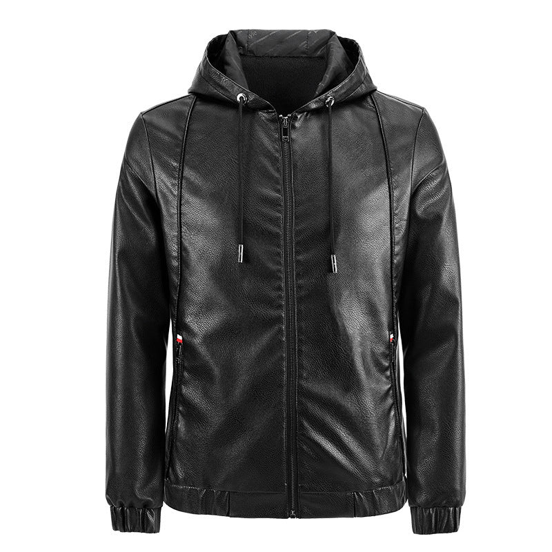 Herren Kapuzen‑Lederblouson im urbanen Minimalstil mit Fleece‑Innenfutter und Reißverschlusstaschen Drune
