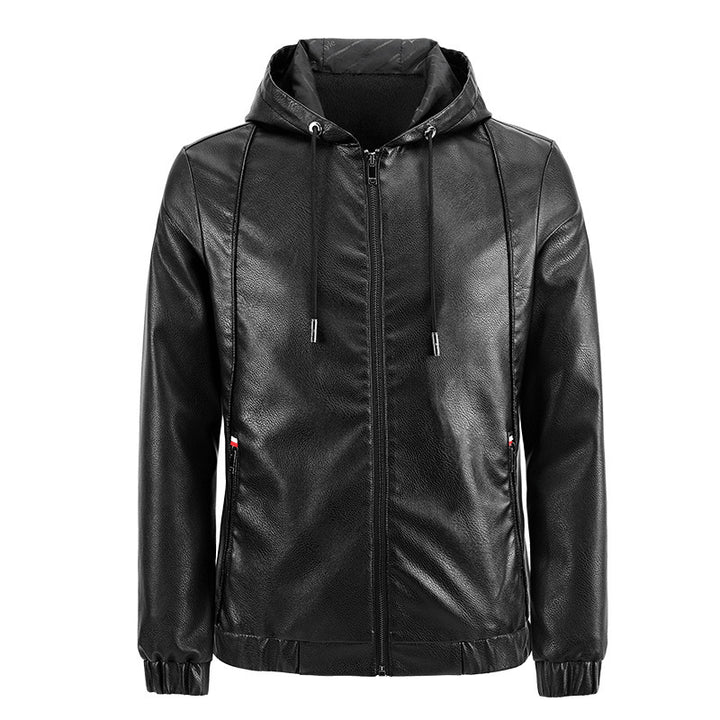 Herren Kapuzen‑Lederblouson im urbanen Minimalstil mit Fleece‑Innenfutter und Reißverschlusstaschen Drune
