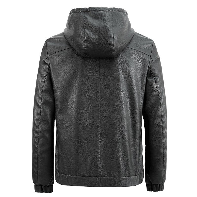 Herren Kapuzen‑Lederblouson im urbanen Minimalstil mit Fleece‑Innenfutter und Reißverschlusstaschen Drune