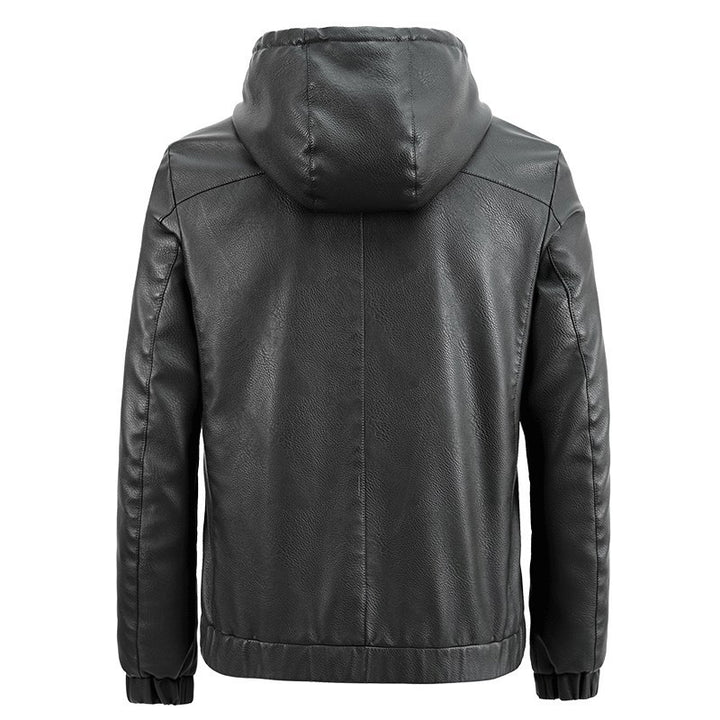 Herren Kapuzen‑Lederblouson im urbanen Minimalstil mit Fleece‑Innenfutter und Reißverschlusstaschen Drune