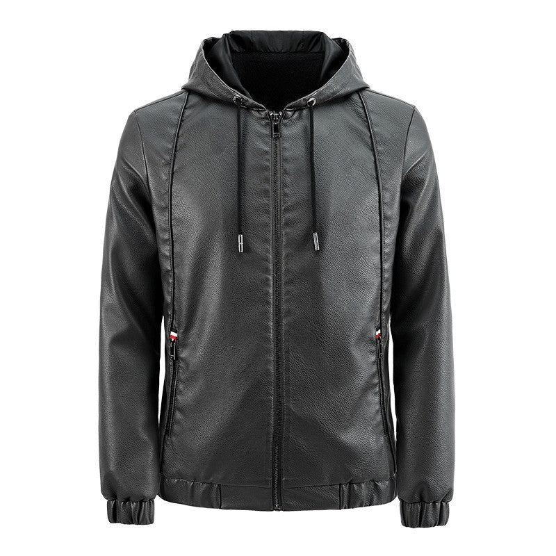 Herren Kapuzen‑Lederblouson im urbanen Minimalstil mit Fleece‑Innenfutter und Reißverschlusstaschen Drune
