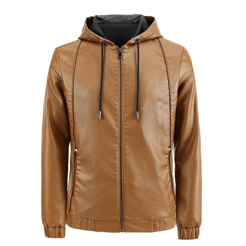 Herren Kapuzen‑Lederblouson im urbanen Minimalstil mit Fleece‑Innenfutter und Reißverschlusstaschen Drune