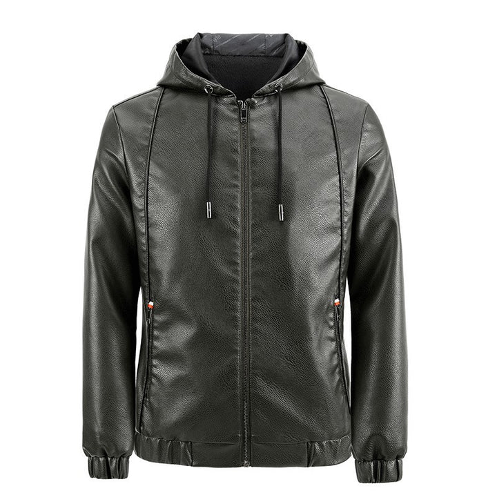 Herren Kapuzen‑Lederblouson im urbanen Minimalstil mit Fleece‑Innenfutter und Reißverschlusstaschen Drune