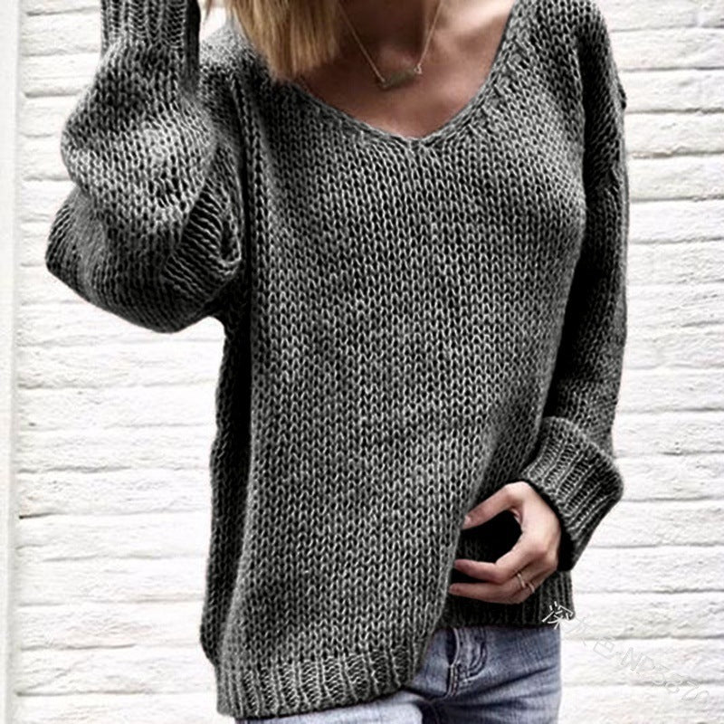 Damen Grobstrickpullover mit lässigem V-Ausschnitt und oversized Ärmeln Drune
