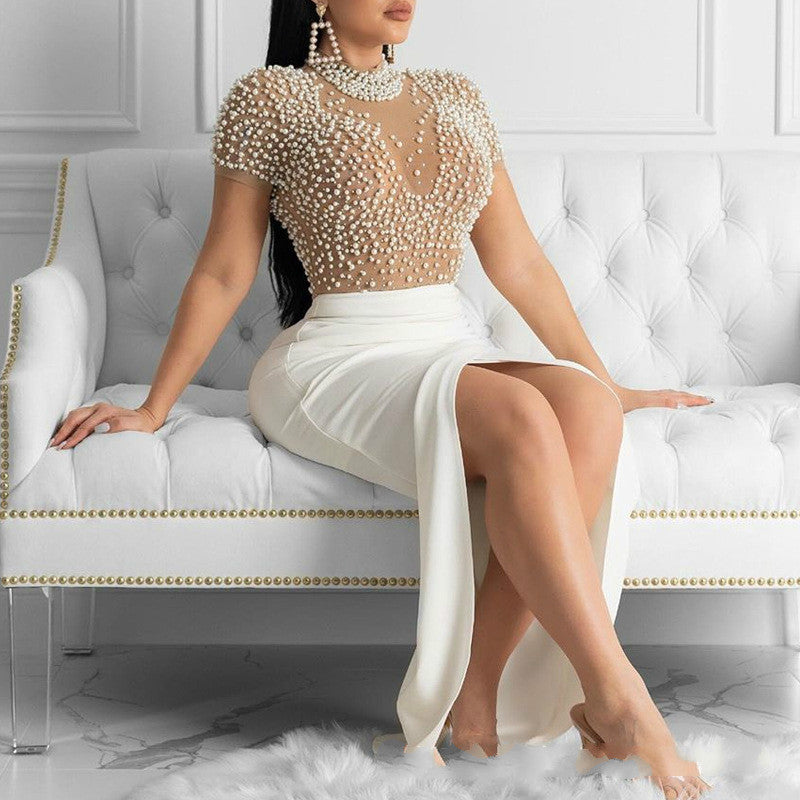 Damen Elegantes Kleid mit transparenten Puffärmeln und Perlenakzenten Drune