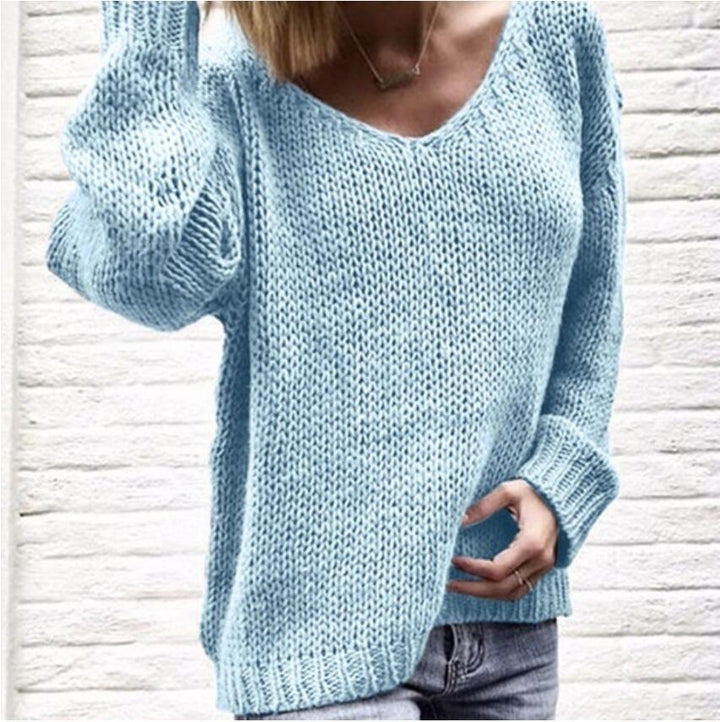 Damen Grober Strickpullover mit tiefem V-Ausschnitt und lockerer Passform Drune