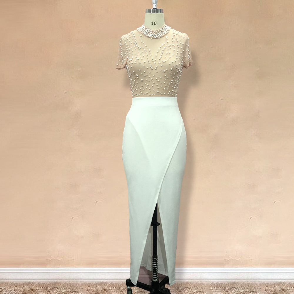 Damen elegantes Maxikleid mit transparentem Oberteil und schimmernden Perlen Drune