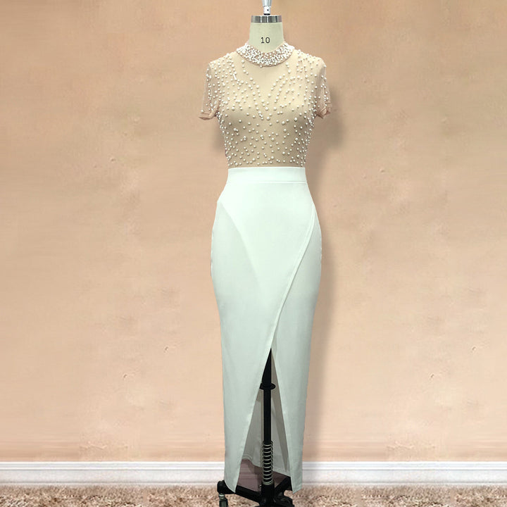 Damen elegantes Maxikleid mit transparentem Oberteil und schimmernden Perlen Drune