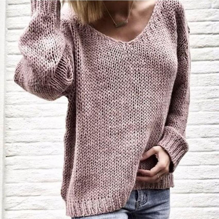 Damen lässiger Strickpullover mit tiefem V-Ausschnitt und seitlichen Schlitzen Drune