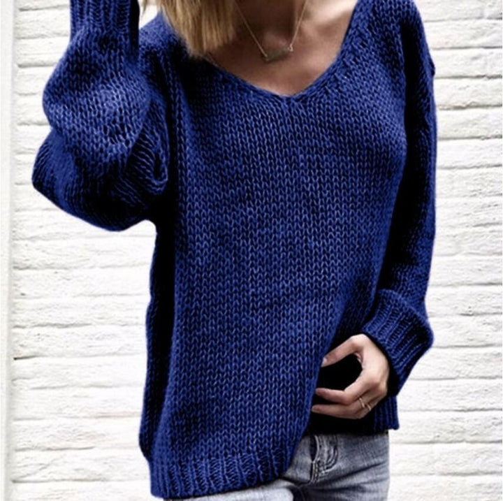 Damen lässiger Strickpullover mit tiefem V-Ausschnitt und seitlichen Schlitzen Drune