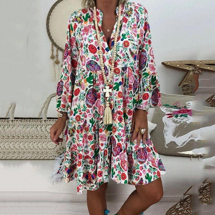 Damen nan A-Linien-Tunika-Minikleid mit V-Ausschnitt, stufigem Volant und Boho-Bandana-Print Drune