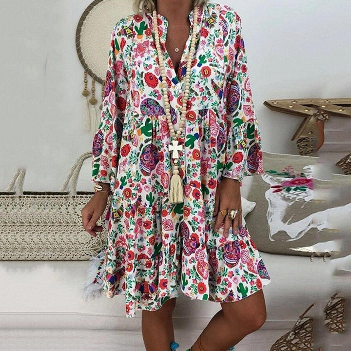 Damen nan A-Linien-Tunika-Minikleid mit V-Ausschnitt, stufigem Volant und Boho-Bandana-Print Drune