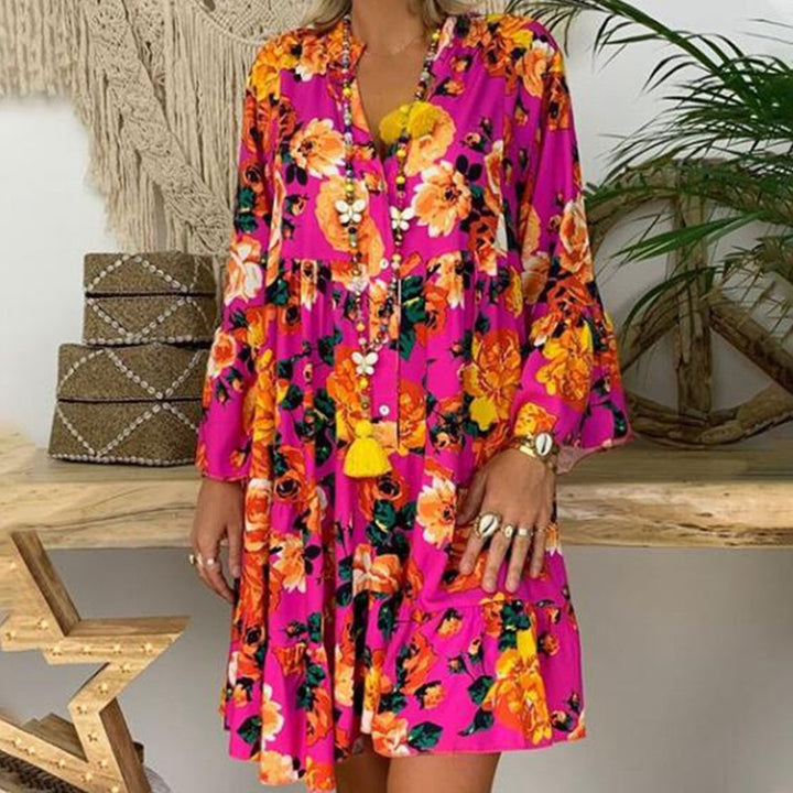 Damen nan A-Linien-Tunika-Minikleid mit V-Ausschnitt, stufigem Volant und Boho-Bandana-Print Drune