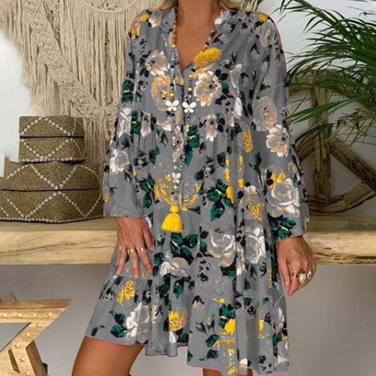 Damen nan A-Linien-Tunika-Minikleid mit V-Ausschnitt, stufigem Volant und Boho-Bandana-Print Drune