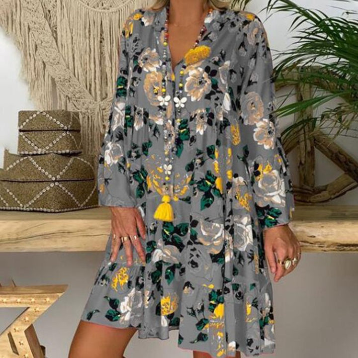 Damen nan A-Linien-Tunika-Minikleid mit V-Ausschnitt, stufigem Volant und Boho-Bandana-Print Drune