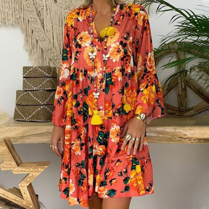 Damen nan A-Linien-Tunika-Minikleid mit V-Ausschnitt, stufigem Volant und Boho-Bandana-Print Drune